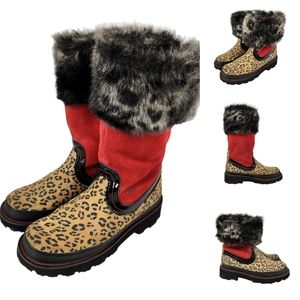 Ariat Fatbaby Leopard Red Suede Leather Faux Fur Winter Boots Women's Size 8.5